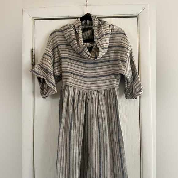 VTG 70s handmade linen cottagecore Lagenlook striped dress S - Picture 2 of 7